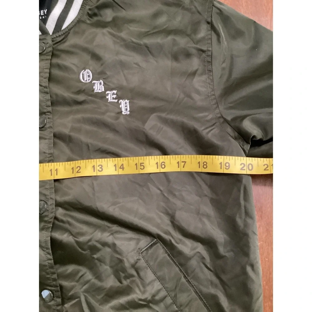 Obey Worldwide Olive Green Bomber Jacket Embroidered Cities‎ Roses Womens Small